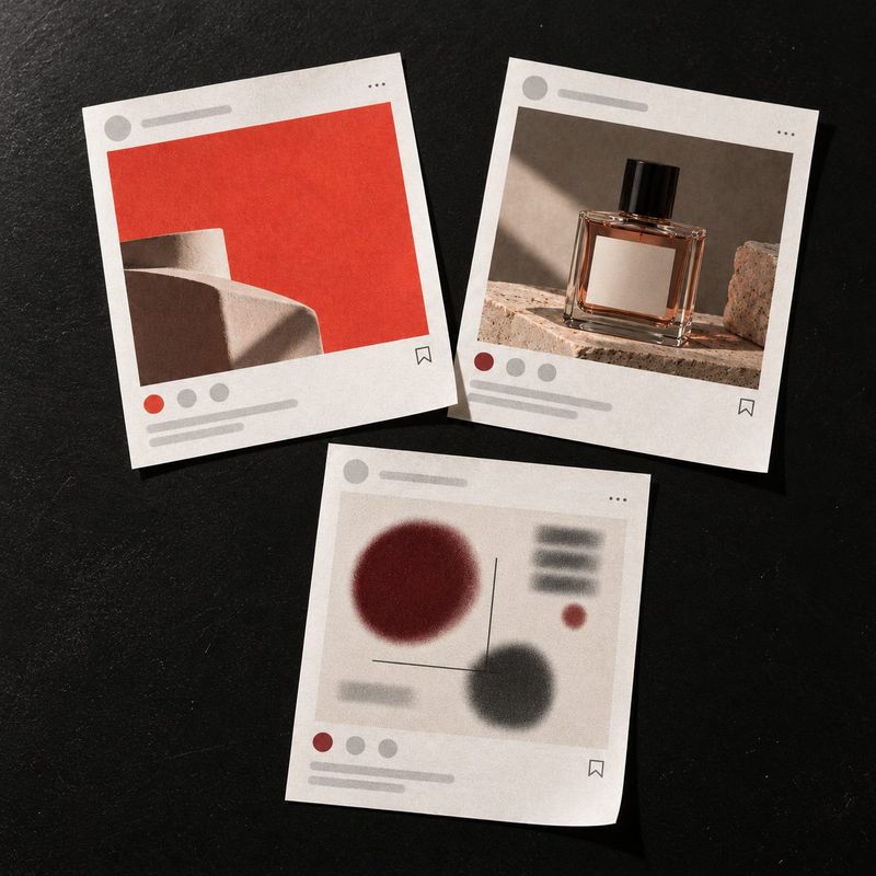 Perfume campaign prints arranged on a dark surface