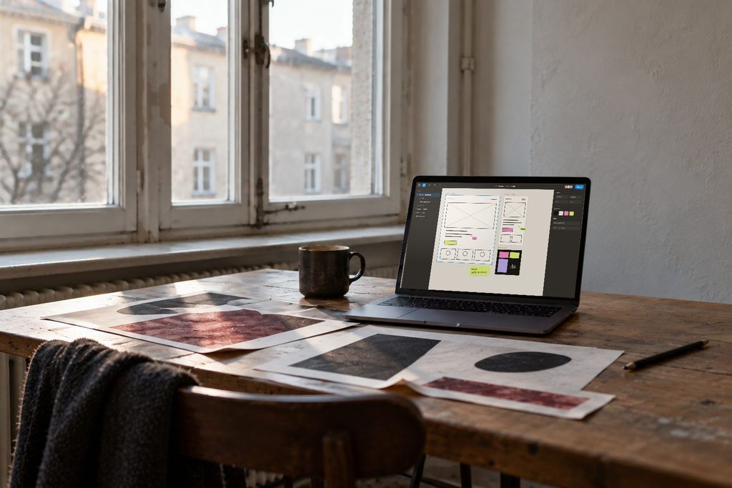 A sunlit creative workspace with a laptop, print experiments and a coffee