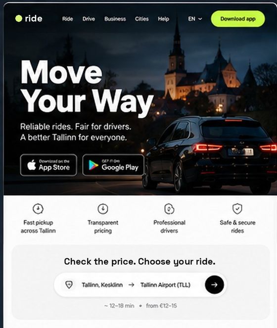 Ride-hailing website with a bold headline over a Tallinn cityscape